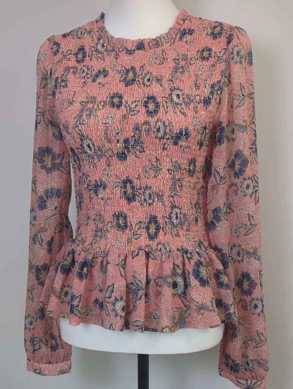 Patrons of Peace Boho Smocked Peplum Floral Blouse Pink Blue Cottagecore LARGE - Picture 11 of 13
